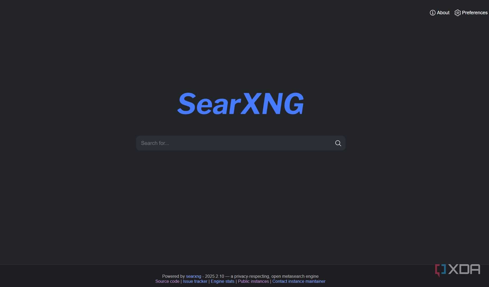 A screenshot of SearXNG's main splash page