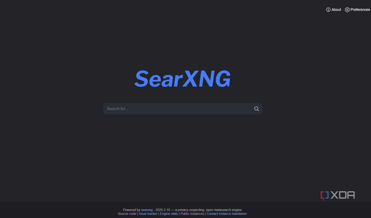 A screenshot of SearXNG's main splash page