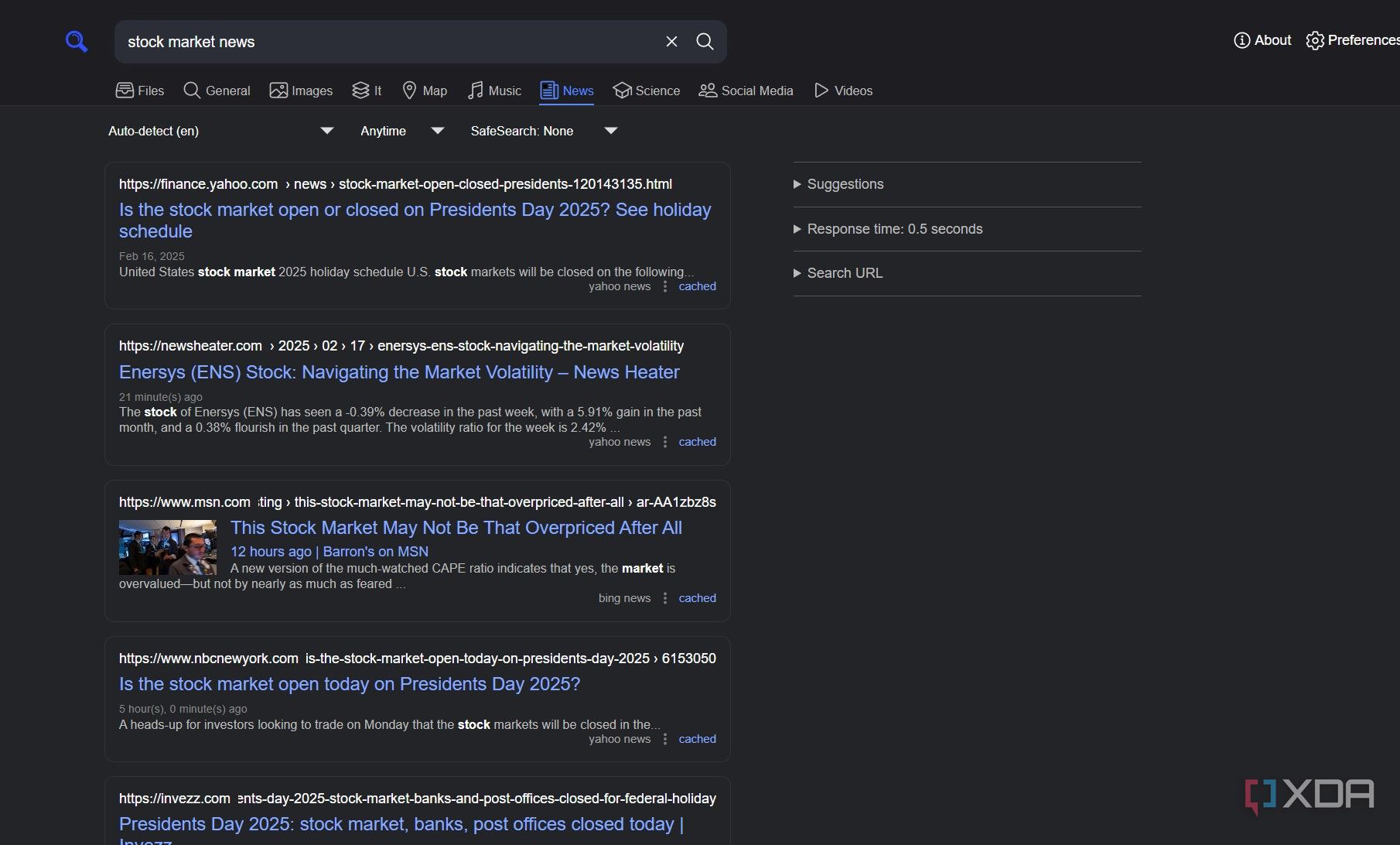 A screenshot of SearXNG's news search