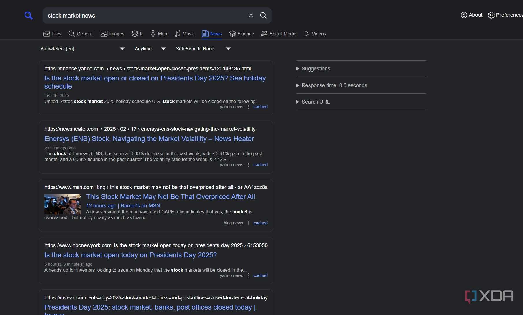 A screenshot of SearXNG's news search