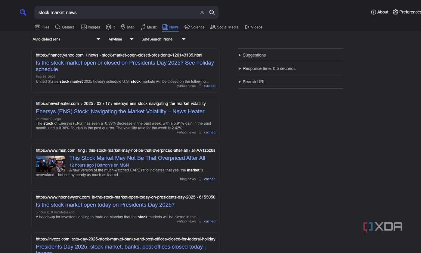 A screenshot of SearXNG's news search