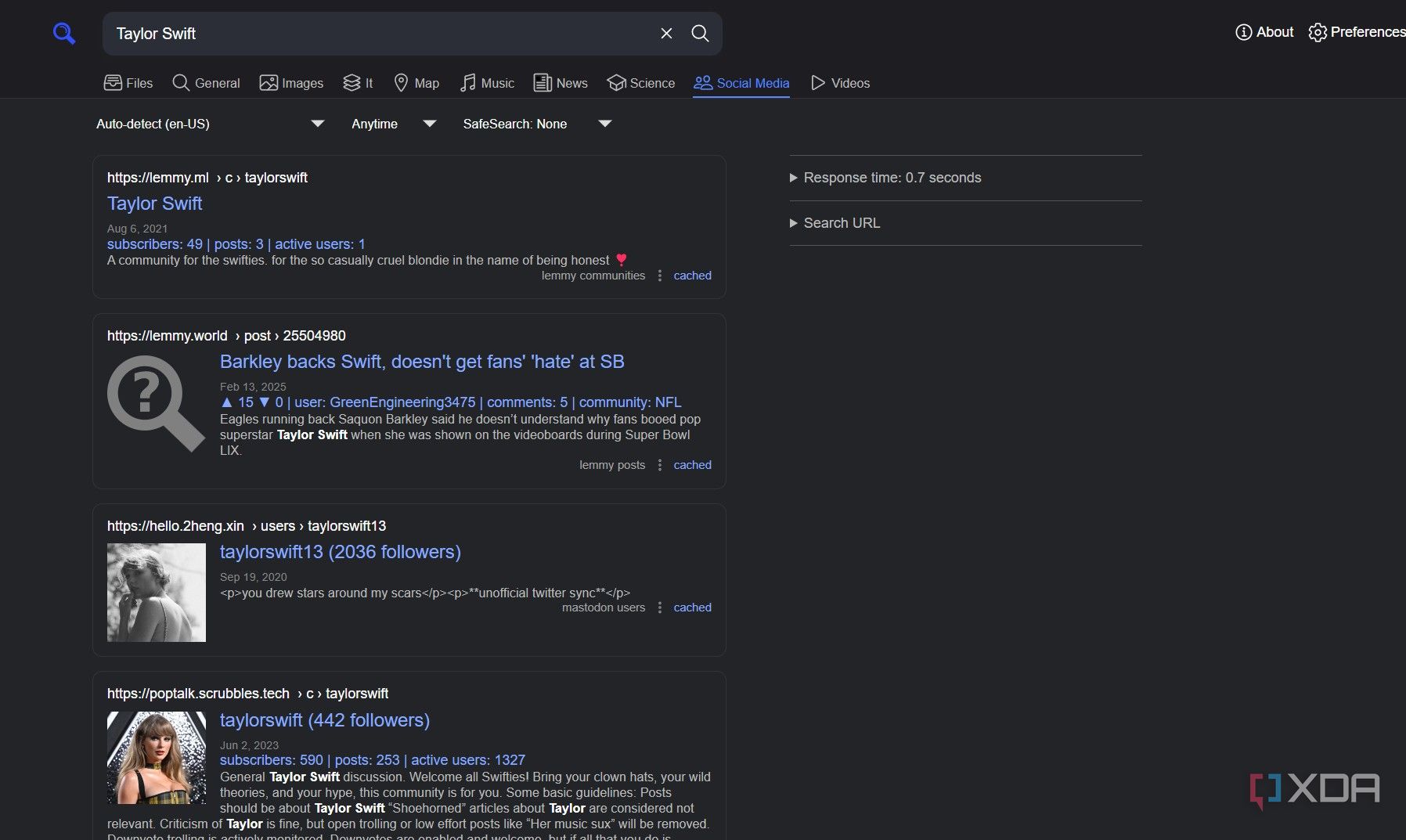 A screenshot of SearXNG's social search.