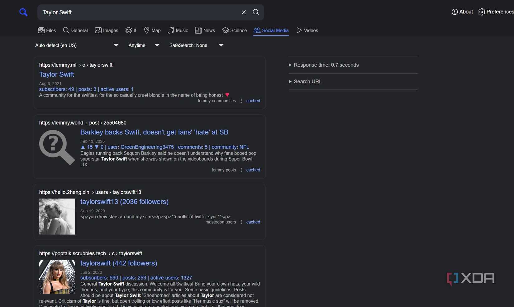 A screenshot of SearXNG's social search.