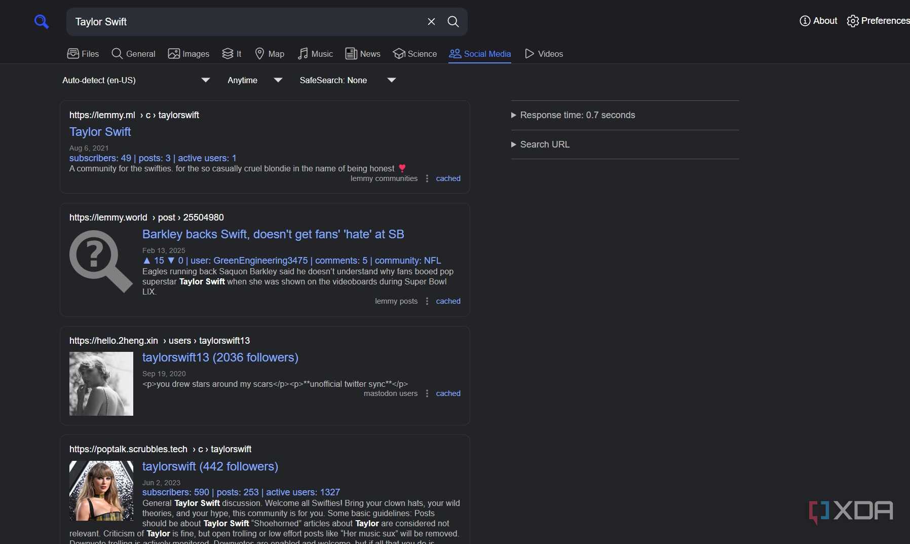 A screenshot of SearXNG's social search.