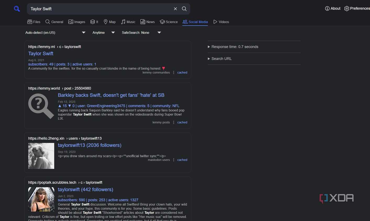 A screenshot of SearXNG's social search.