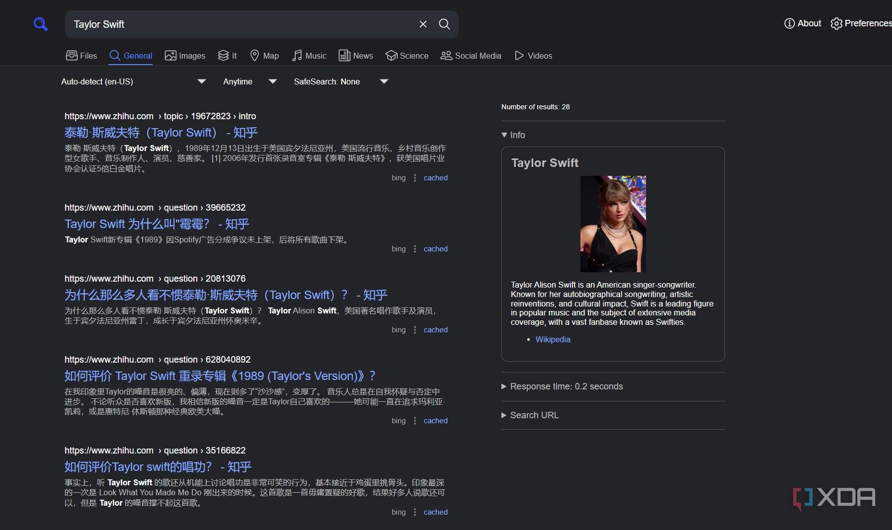 A screenshot of SearXNG's confusing search results. 