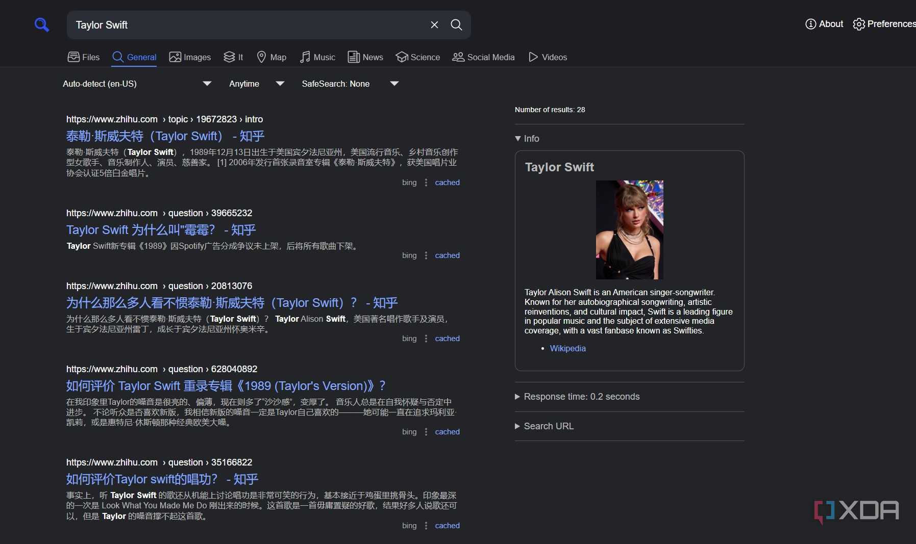 A screenshot of SearXNG's confusing search results.