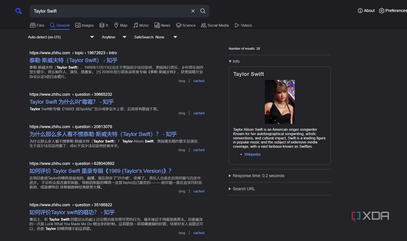 A screenshot of SearXNG's confusing search results.