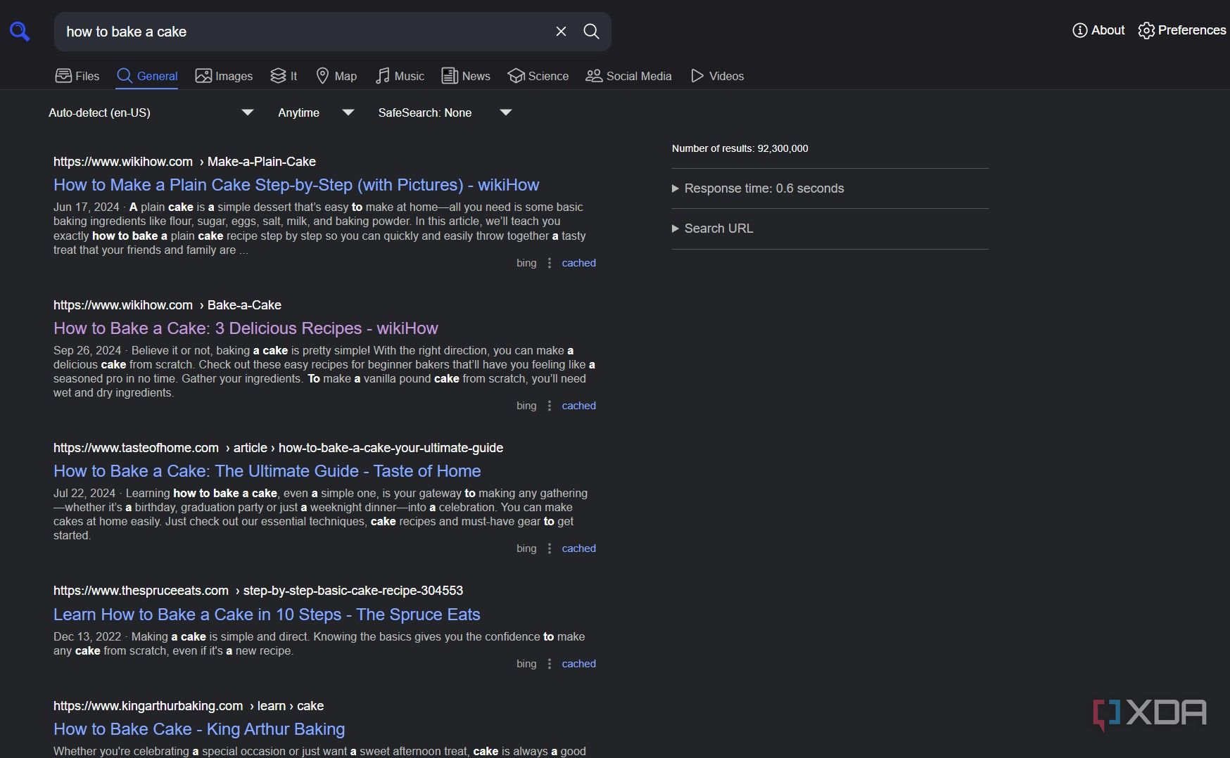 A screenshot of SearXNG's general search.