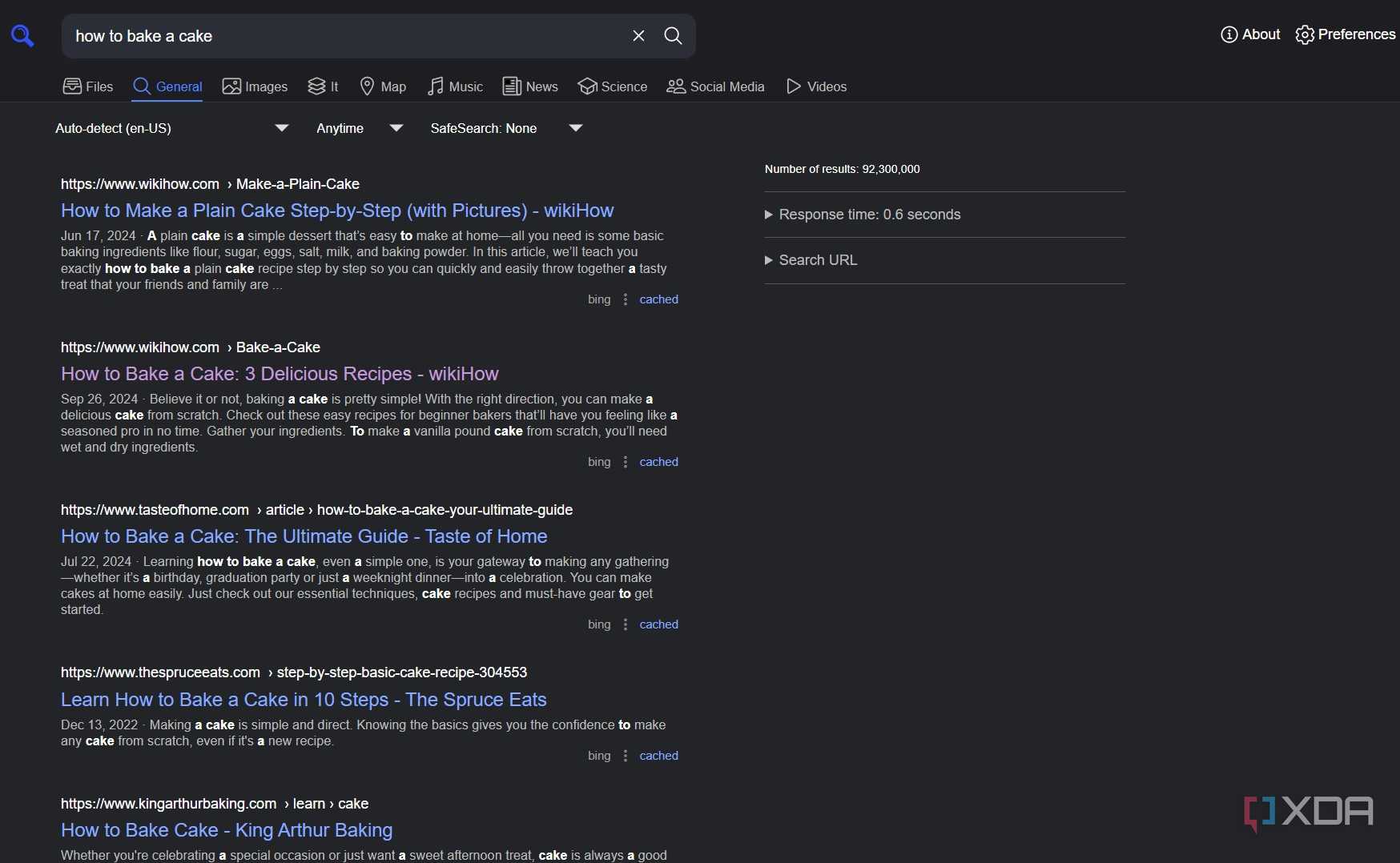 A screenshot of SearXNG's general search.