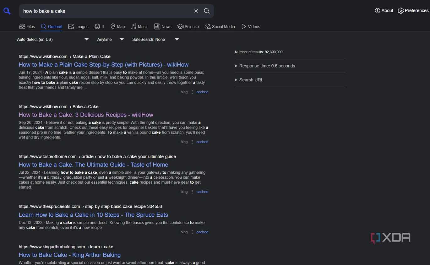 A screenshot of SearXNG's general search.
