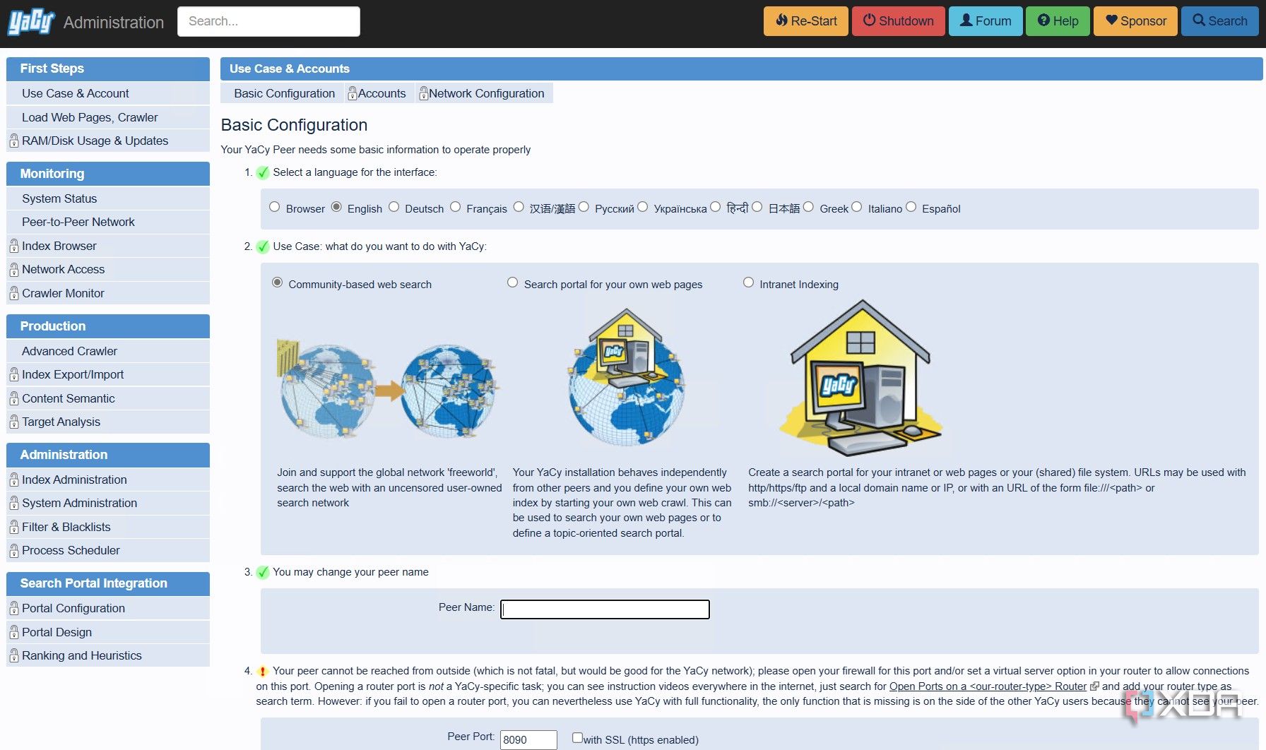 A screenshot of YaCy's account settings page.