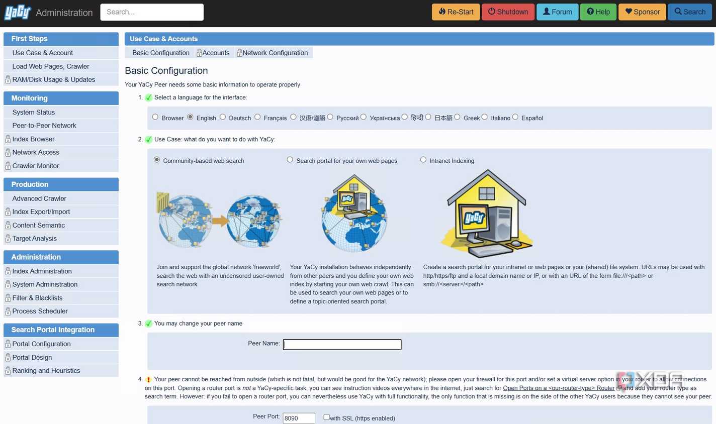 A screenshot of YaCy's account settings page.