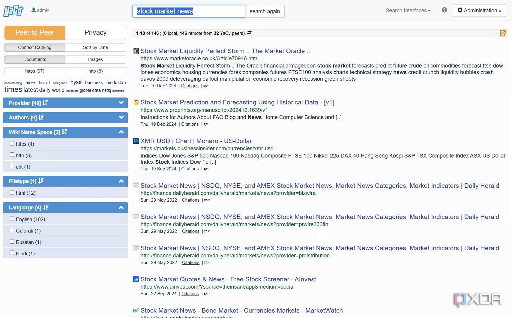 A screenshot of YaCy's news search