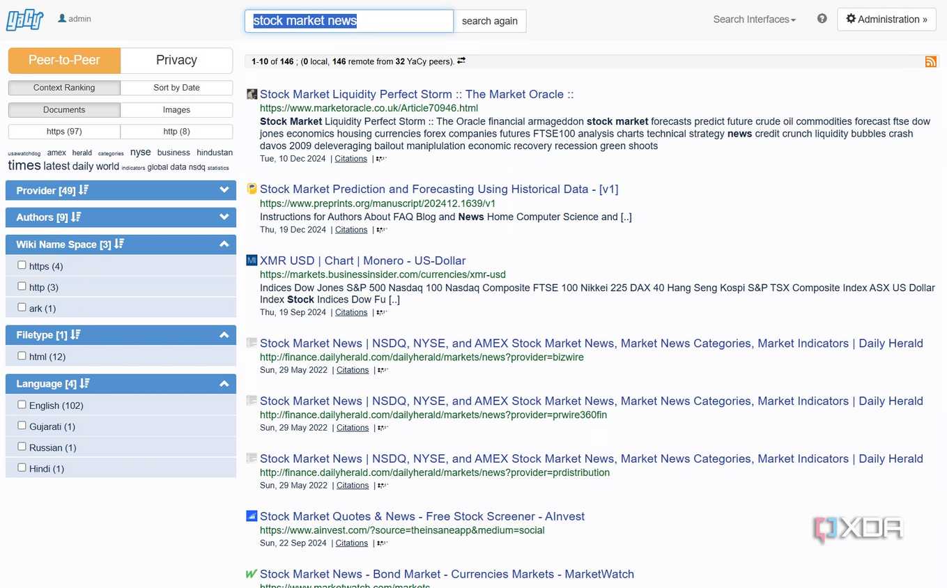 A screenshot of YaCy's news search