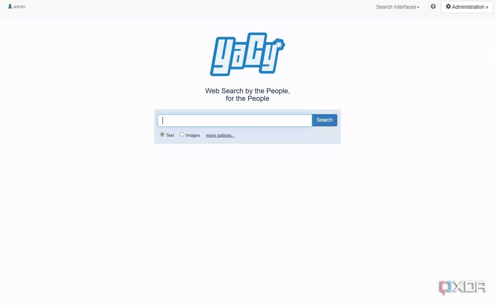 A screenshot of YaCy's main search page