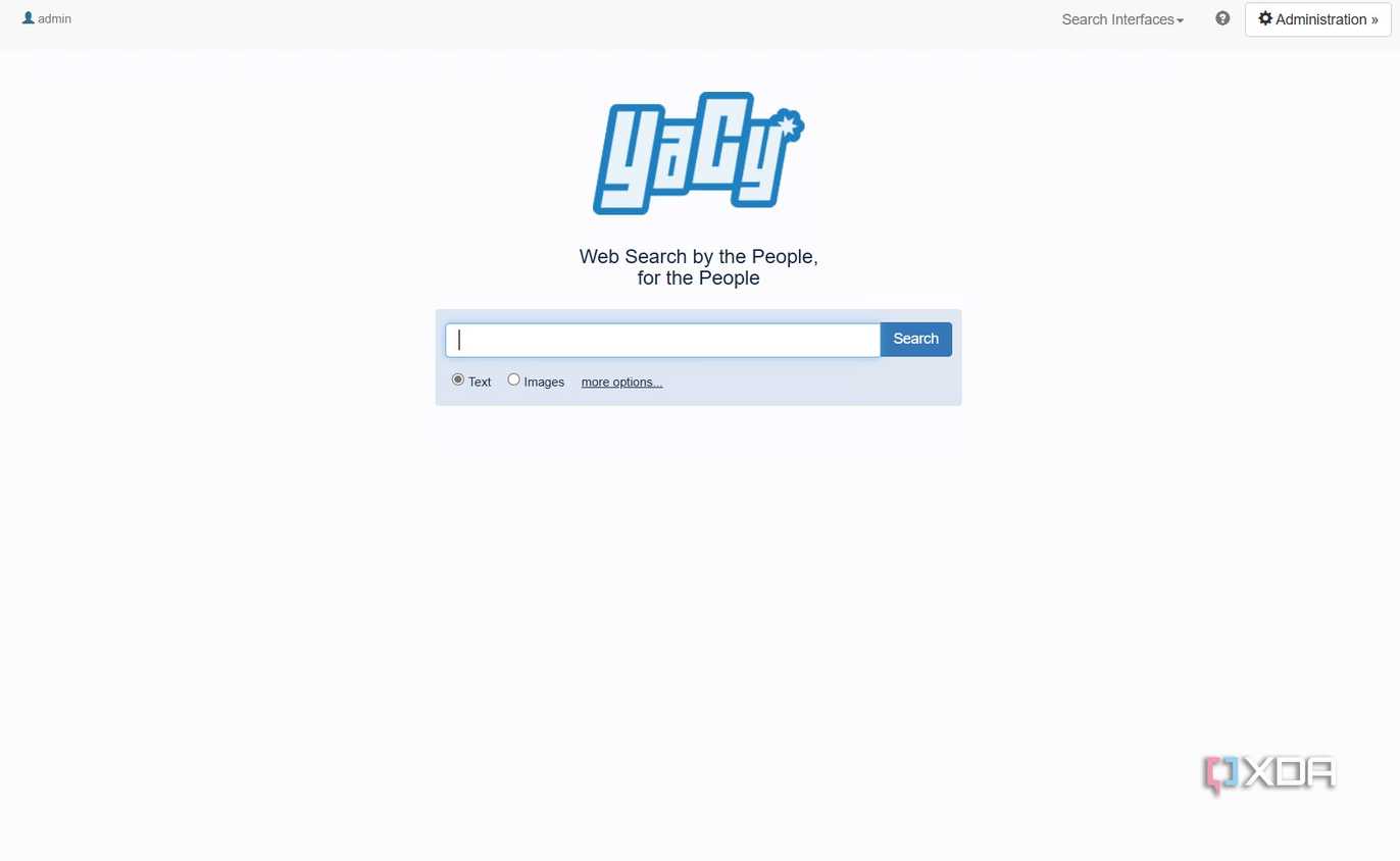 A screenshot of YaCy's main search page