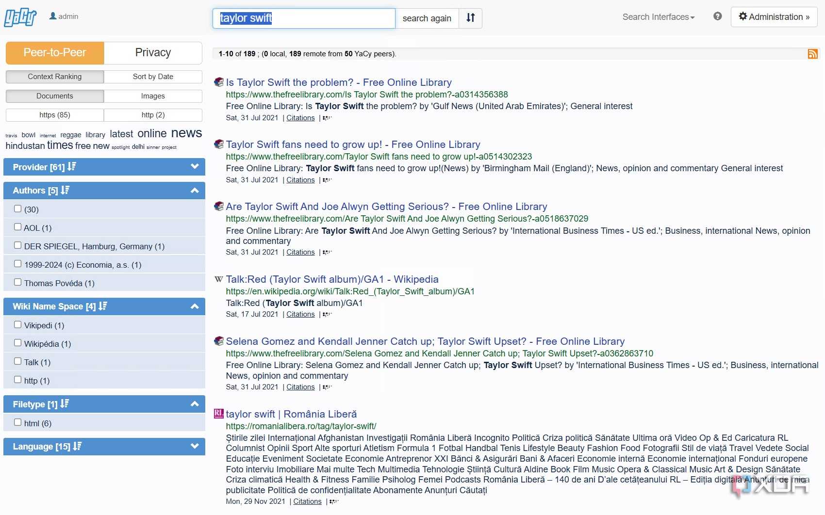 A screenshot of YaCy's general search result on taylor swift