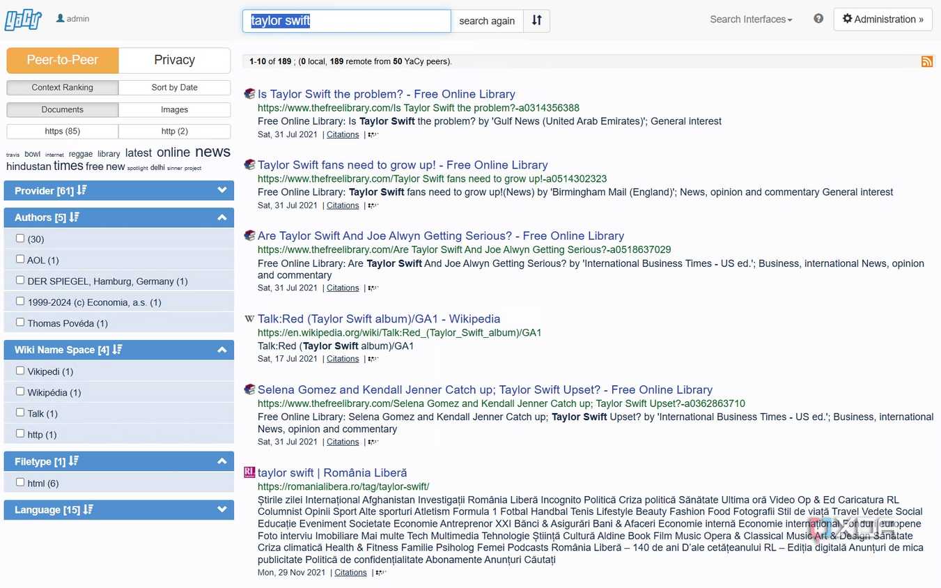 A screenshot of YaCy's general search result on taylor swift