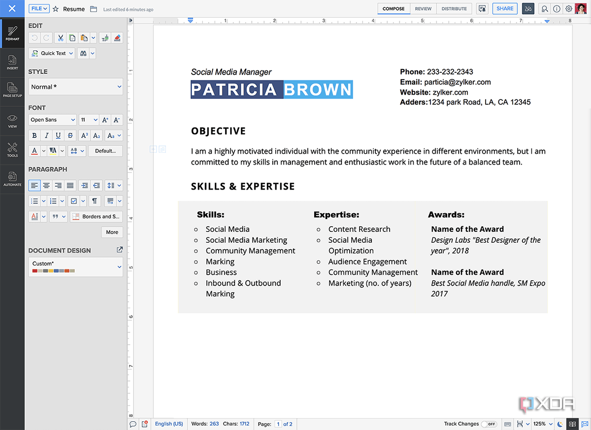 A screenshot of Zoho Writer.