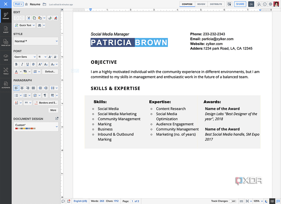 A screenshot of Zoho Writer.