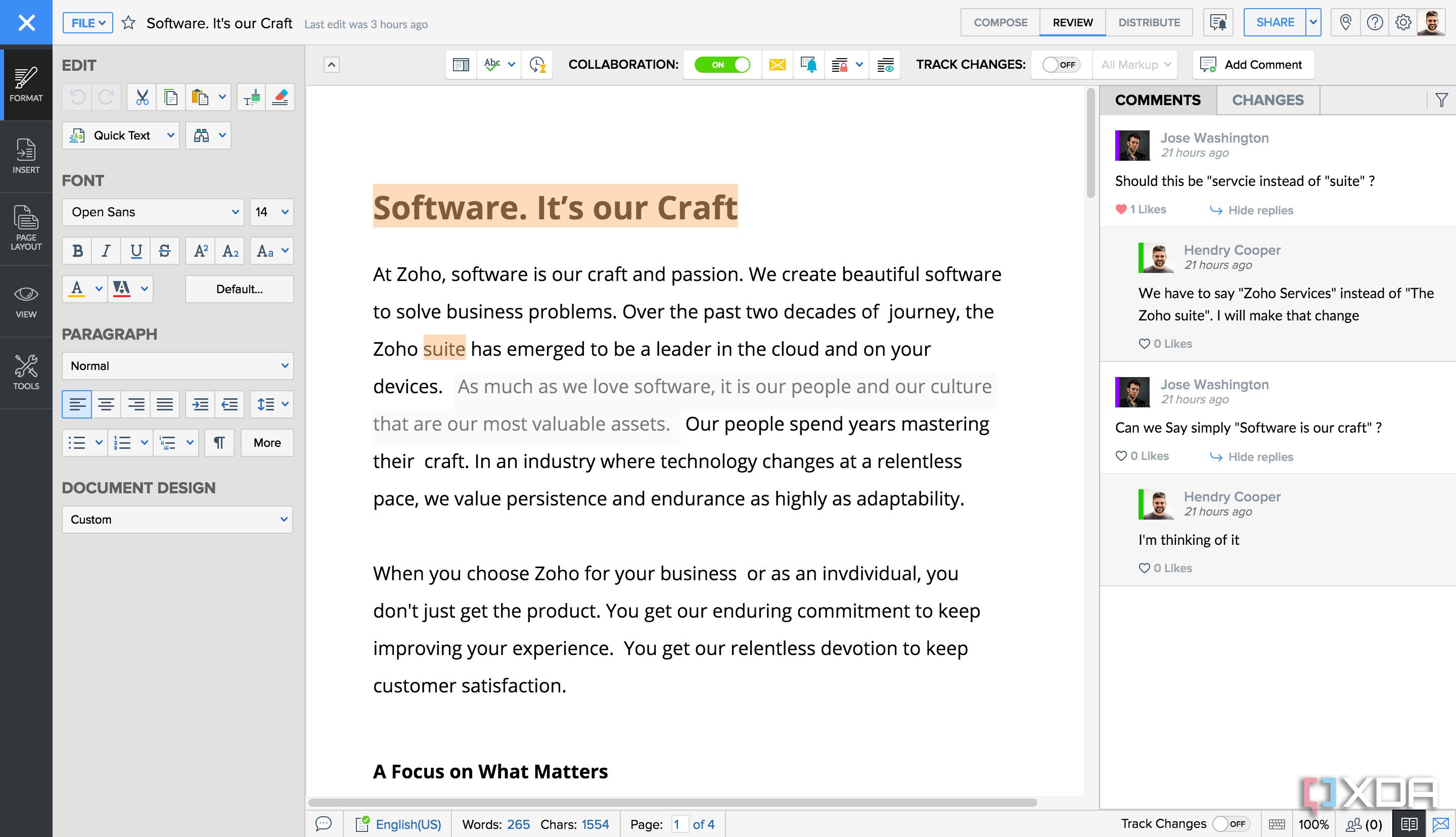 A screenshot of Zoho Writer.
