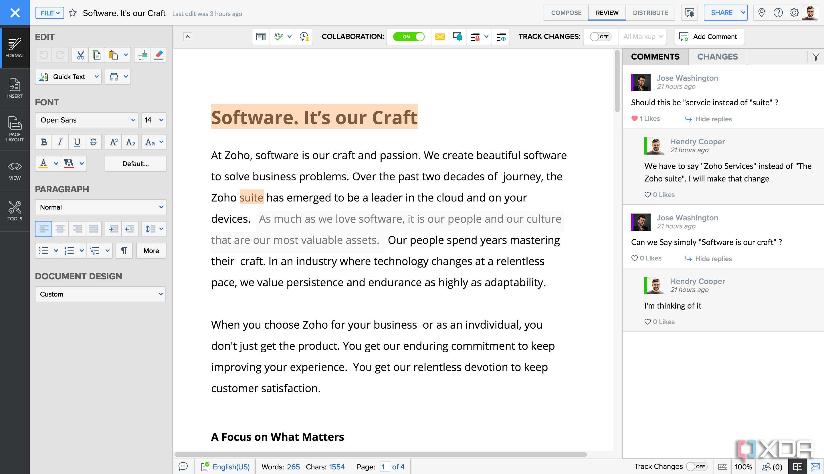 A screenshot of Zoho Writer.