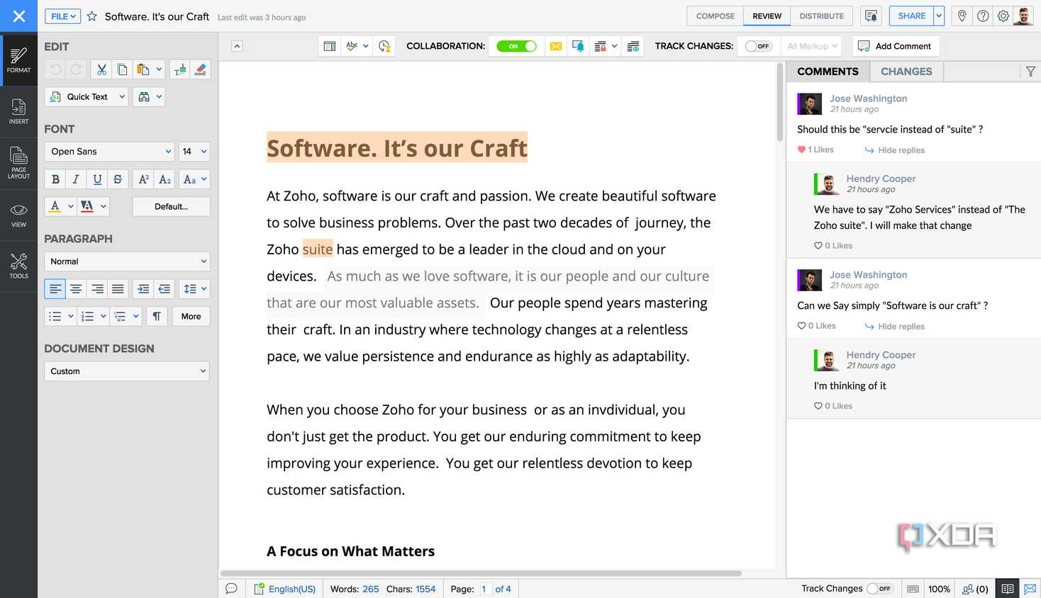 A screenshot of Zoho Writer.