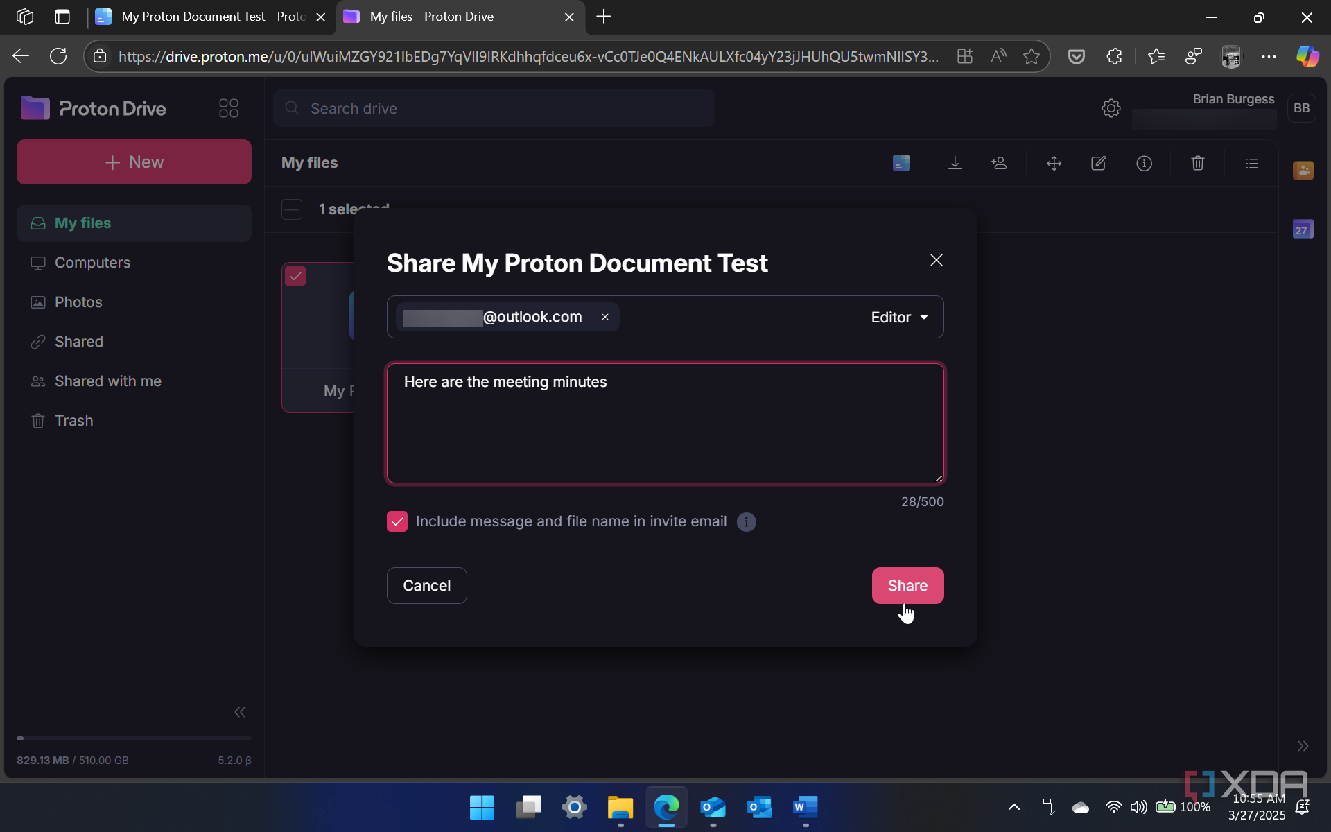 shows sharing a doc via link through Proton Docs experience