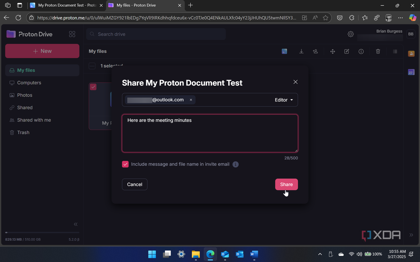 shows sharing a doc via link through Proton Docs experience