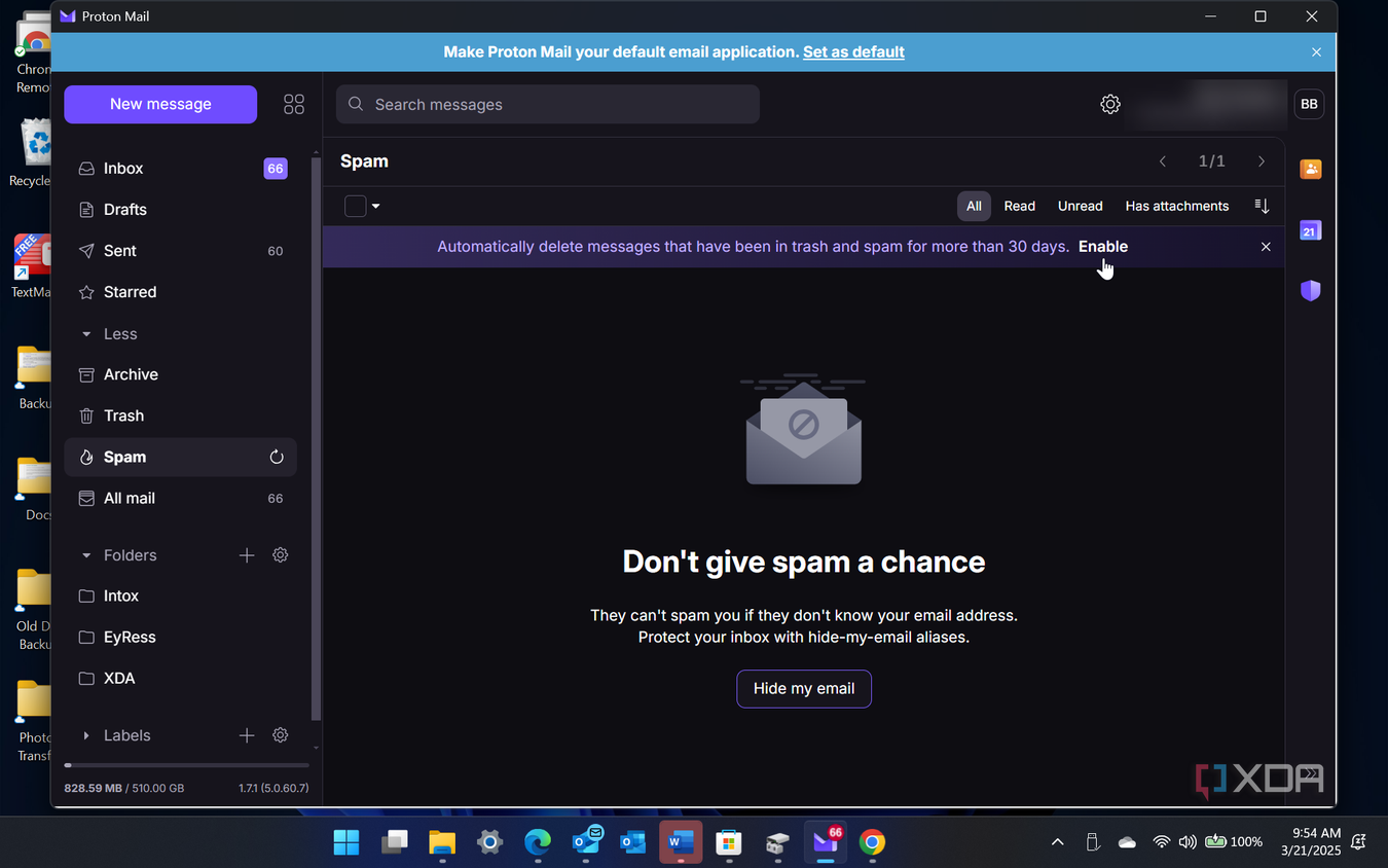 screenshot showing spam folder to enable 30 day deletion automatically
