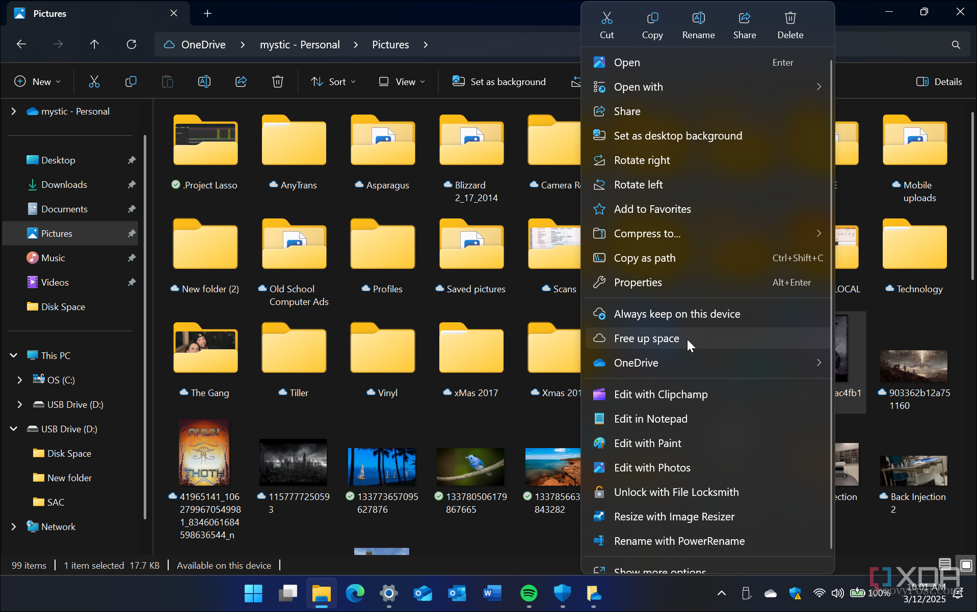 screenshot of File Explorer using Free up space feature in Files-on-Demand