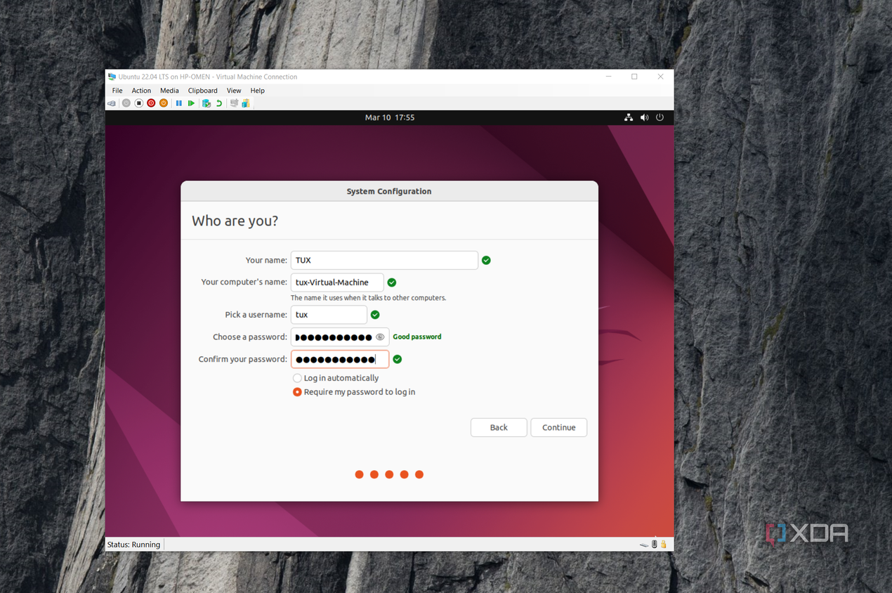 shows setting password for Ubuntu VM hyper-v