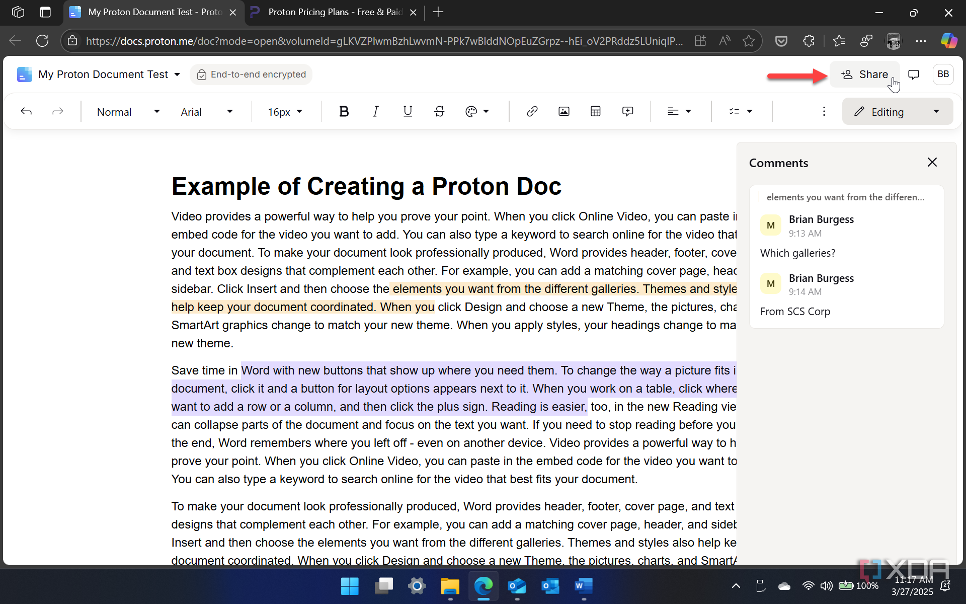 shows share button in open Proton Doc
