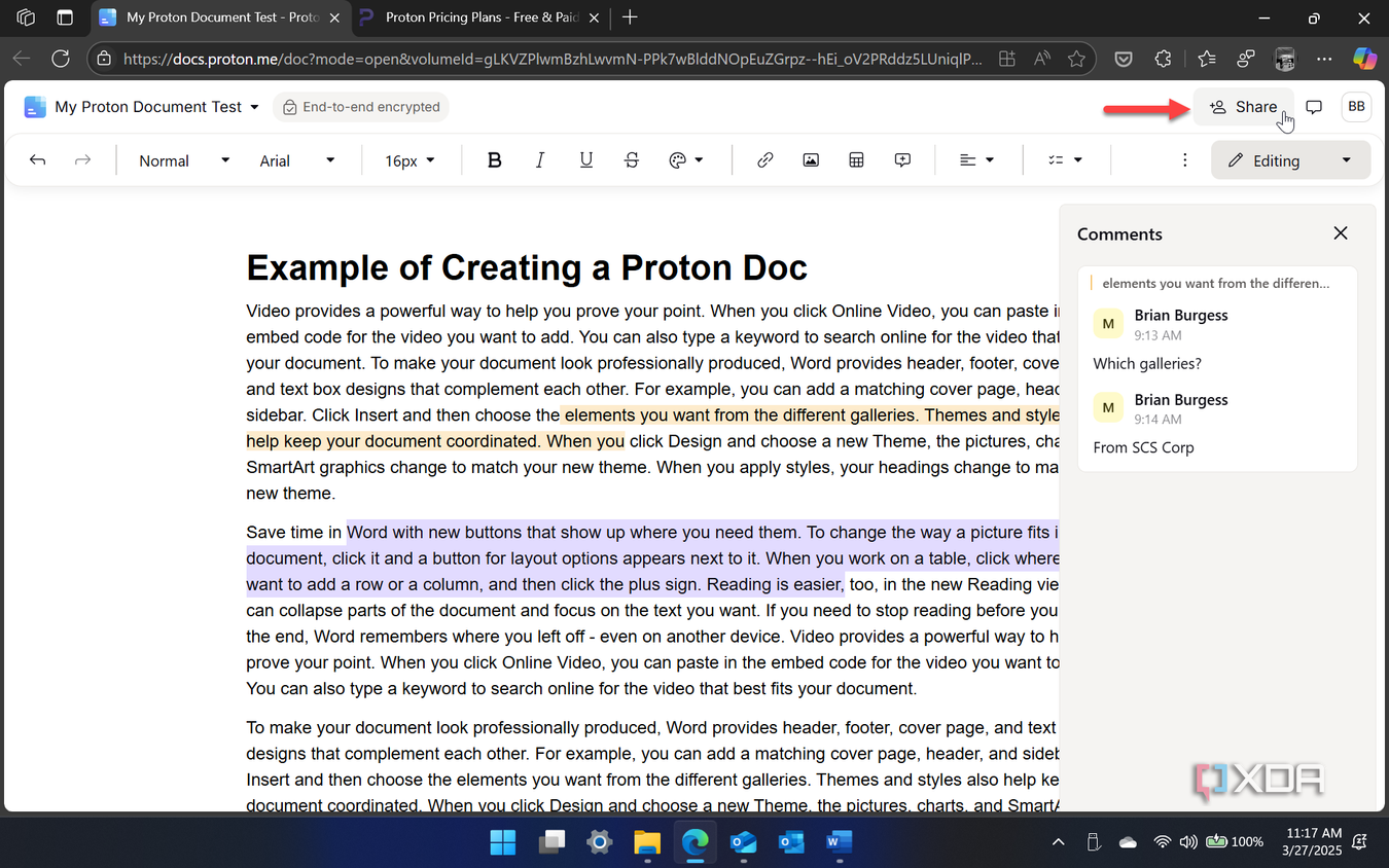 shows share button in open Proton Doc