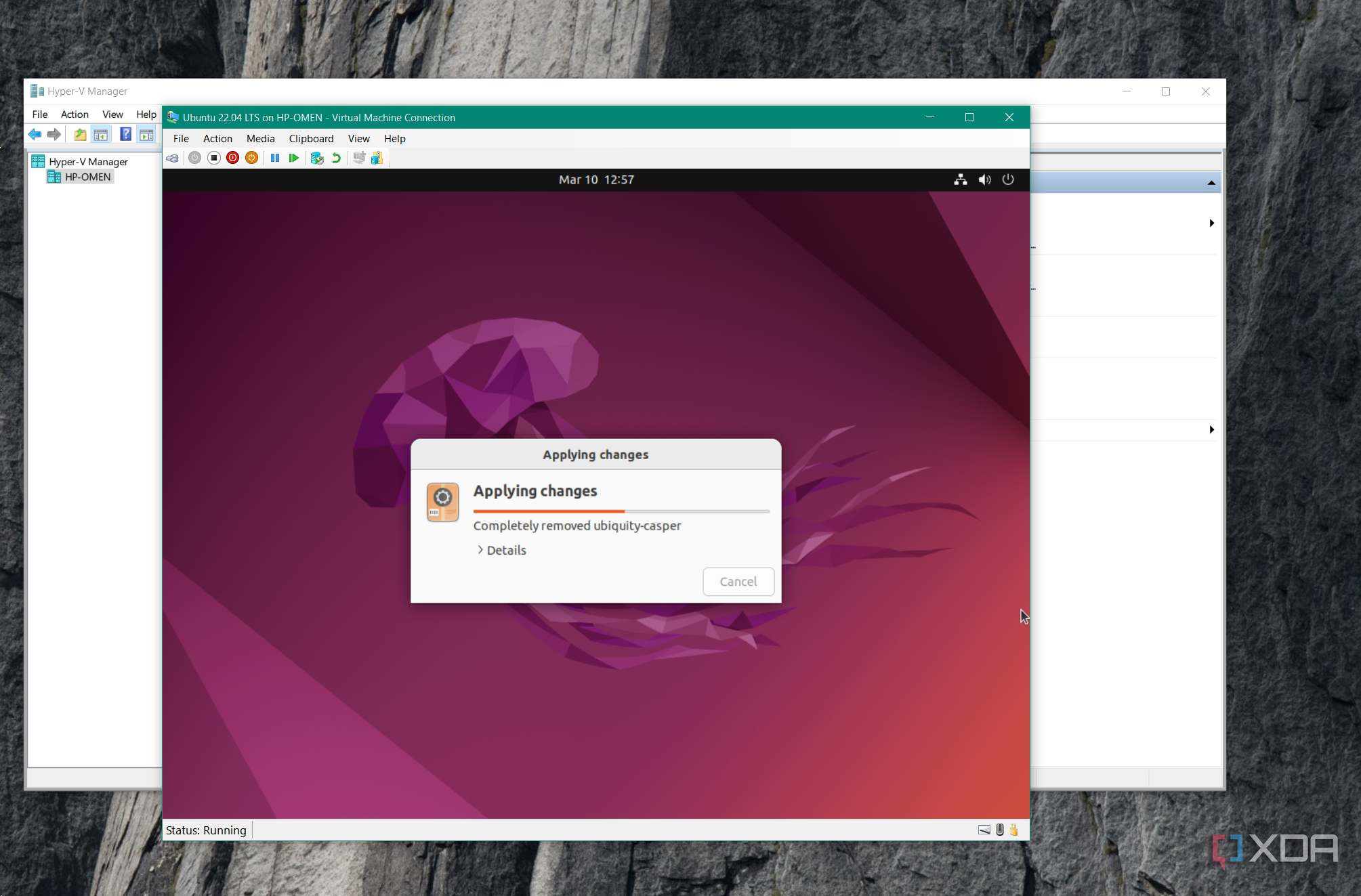 screenshot shows Ubuntu VM settings up in Hyper-V