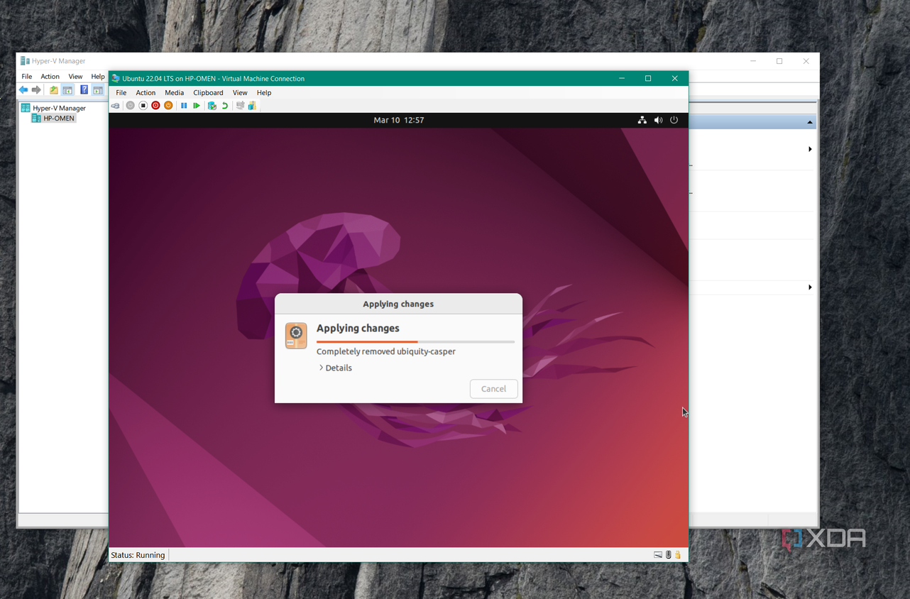 screenshot shows Ubuntu VM settings up in Hyper-V