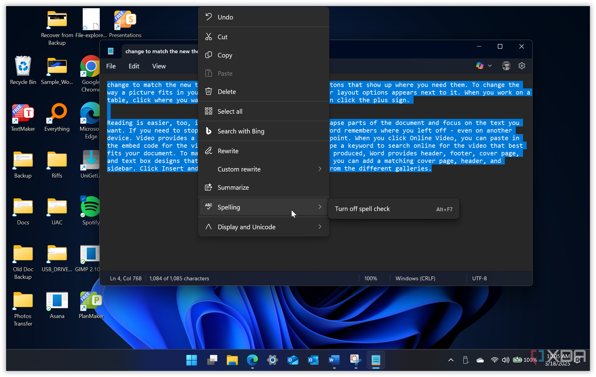 Shows options from right-click menu on Notepad