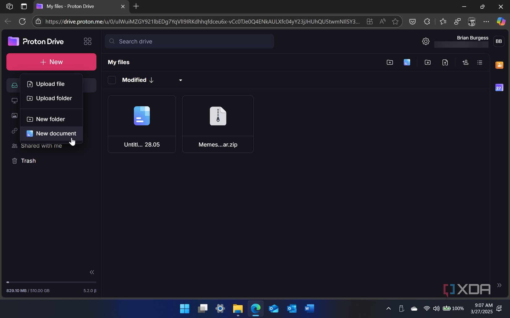 Showing how to create a new document in Proton Drive