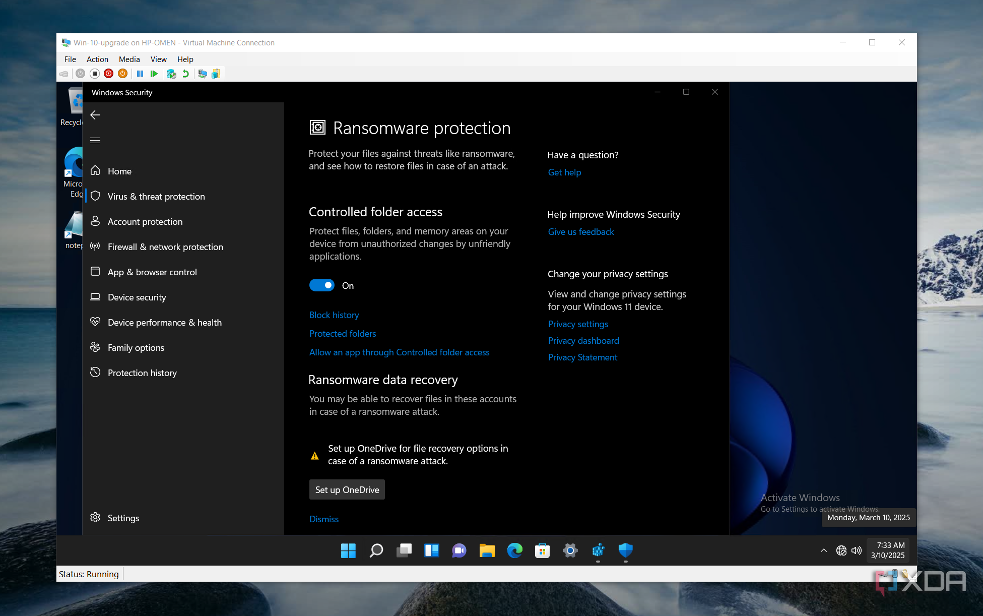 shows hyper-v VM running