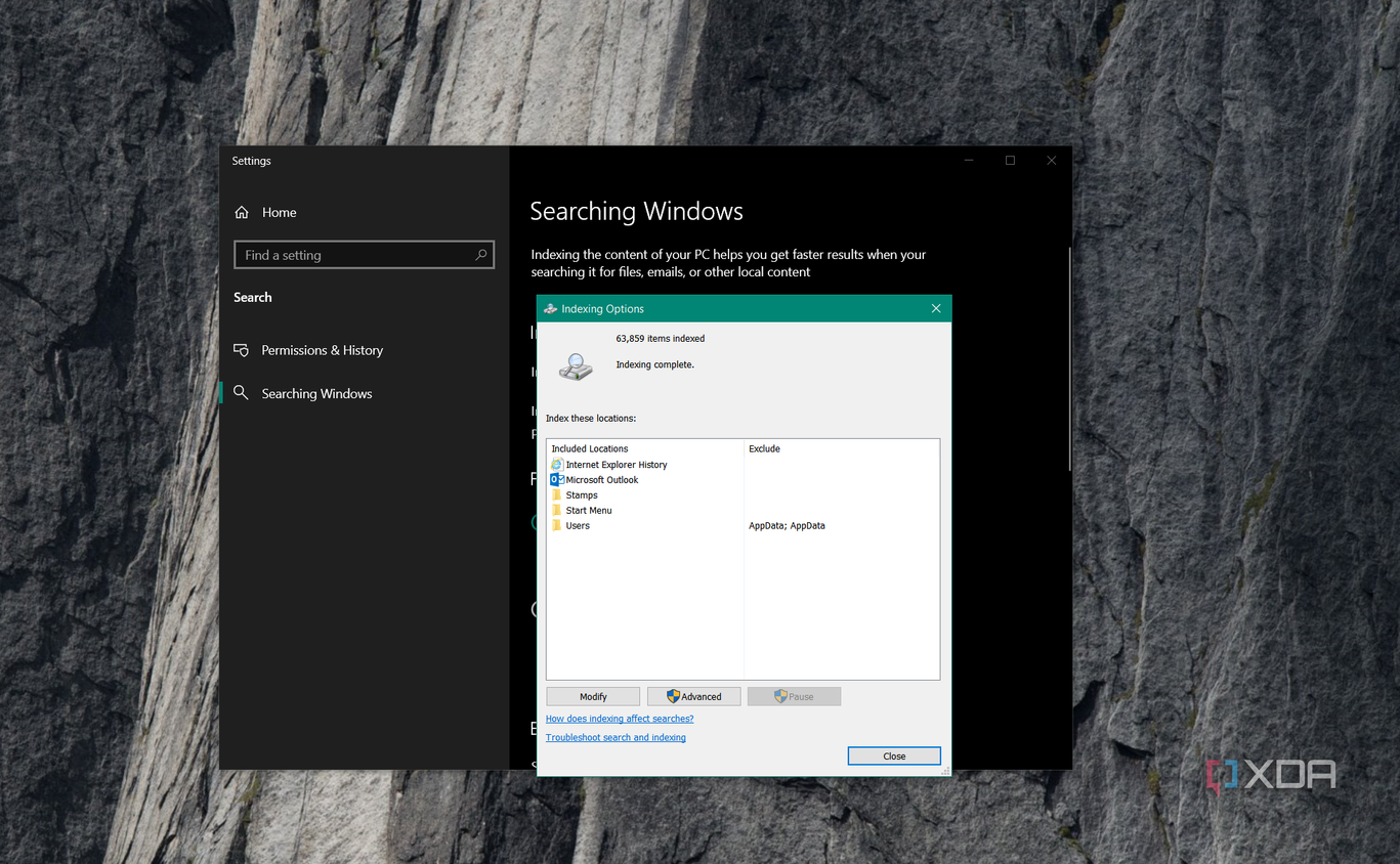 showing Windows Search Indexing options