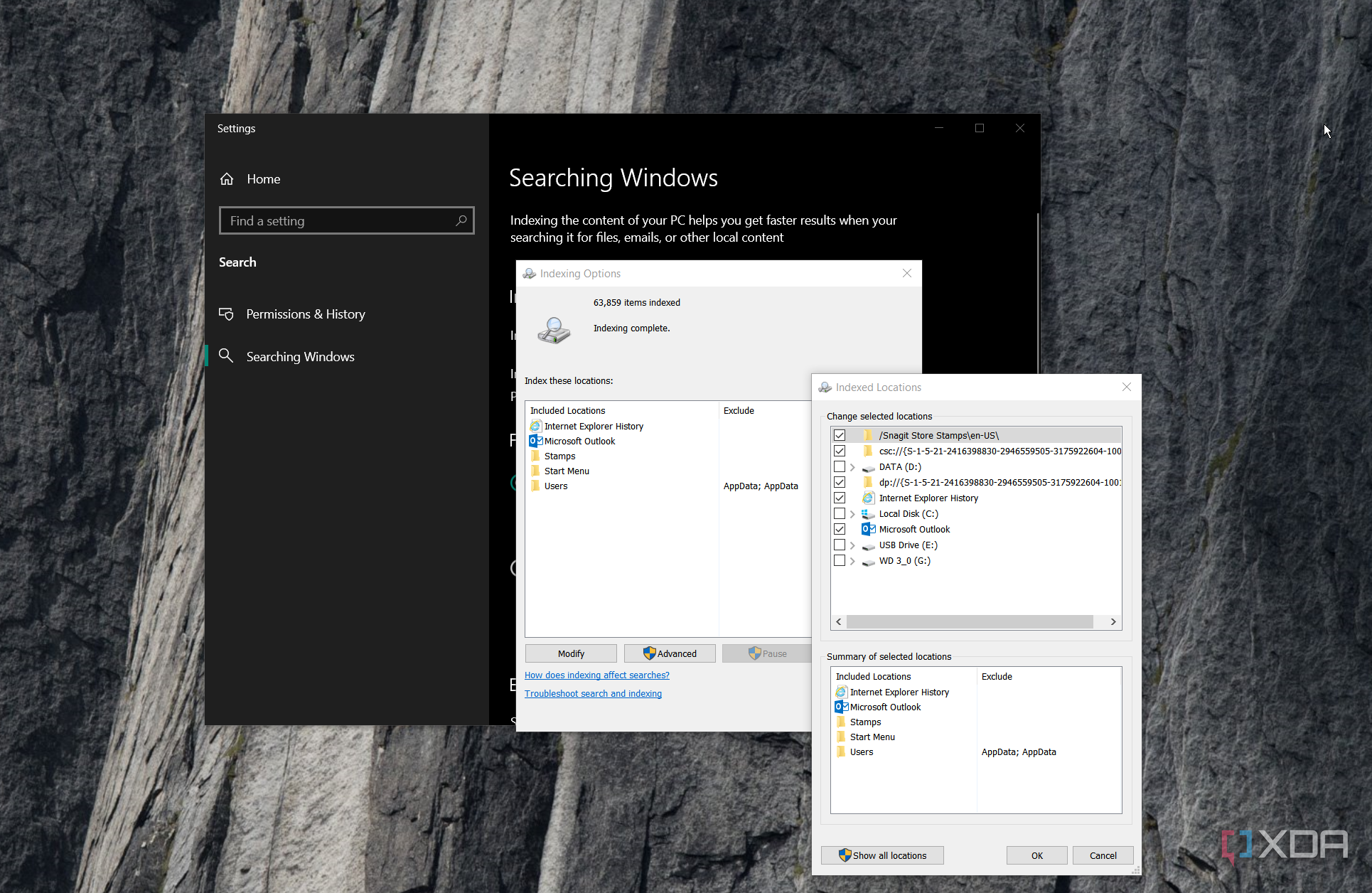 Screenshots showing indexed windows search