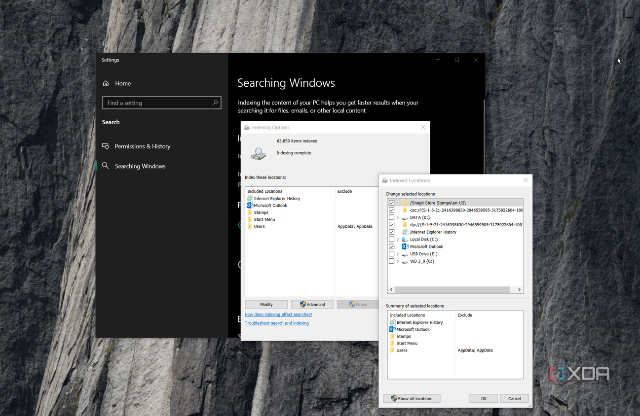 Screenshots showing indexed windows search