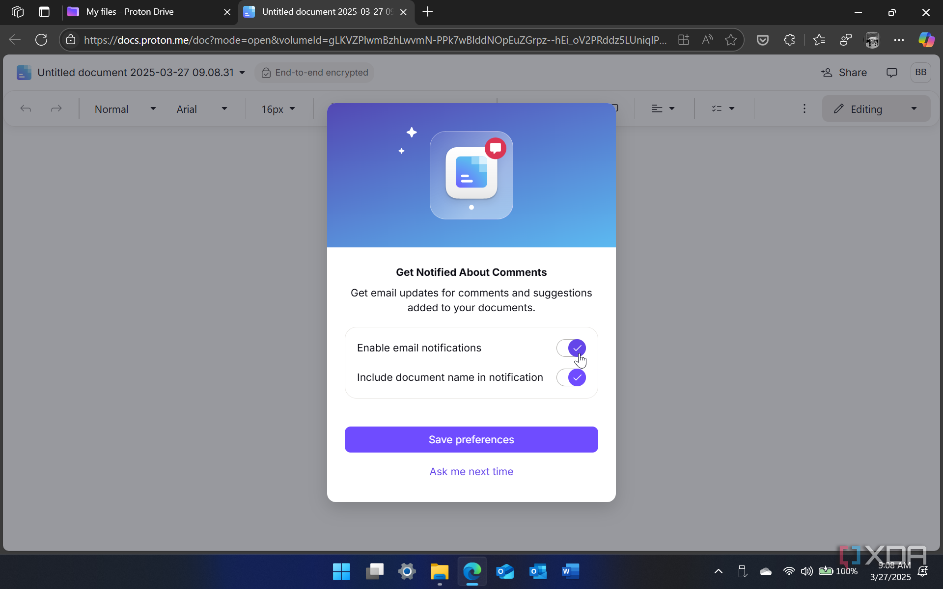 shows proton doc settings during initial setup