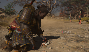 A screenshot from Assassin's Creed Shadows, showing Yasuke, the protagonist, playing with a kitten.