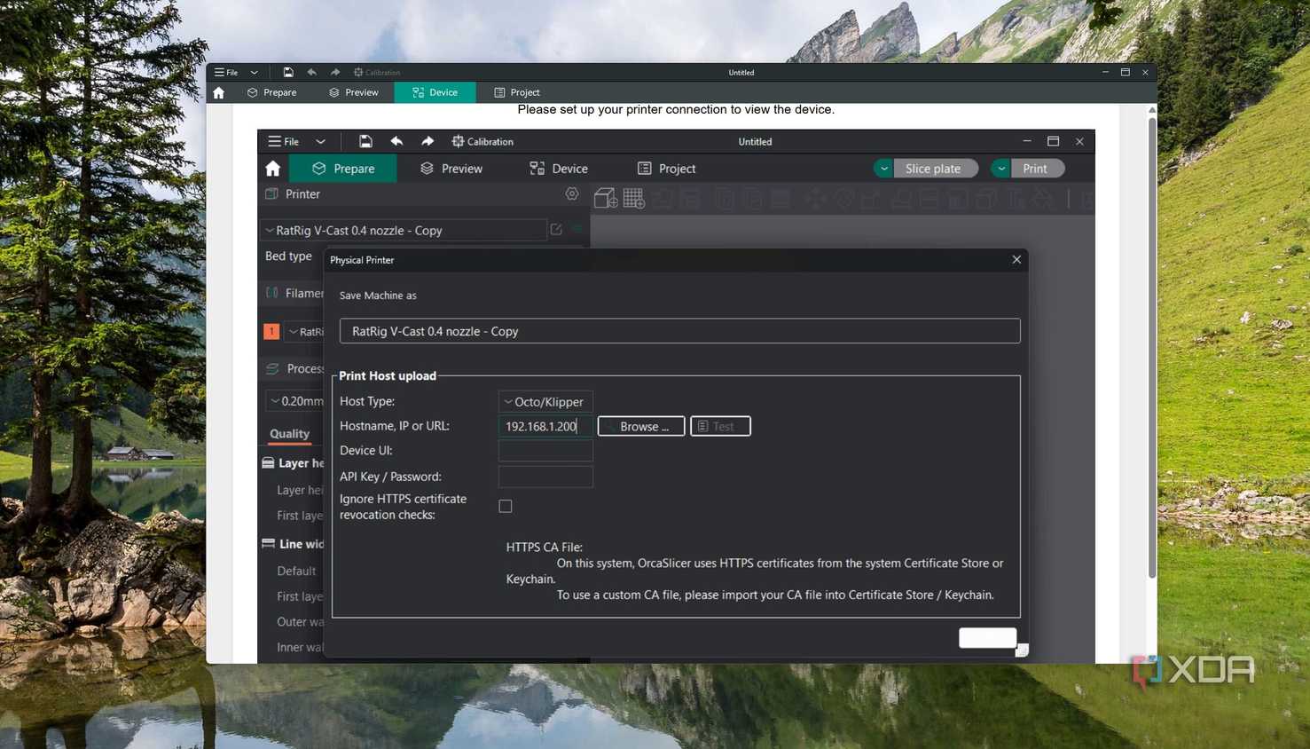 An option to connect a 3D printer in Orca slicer