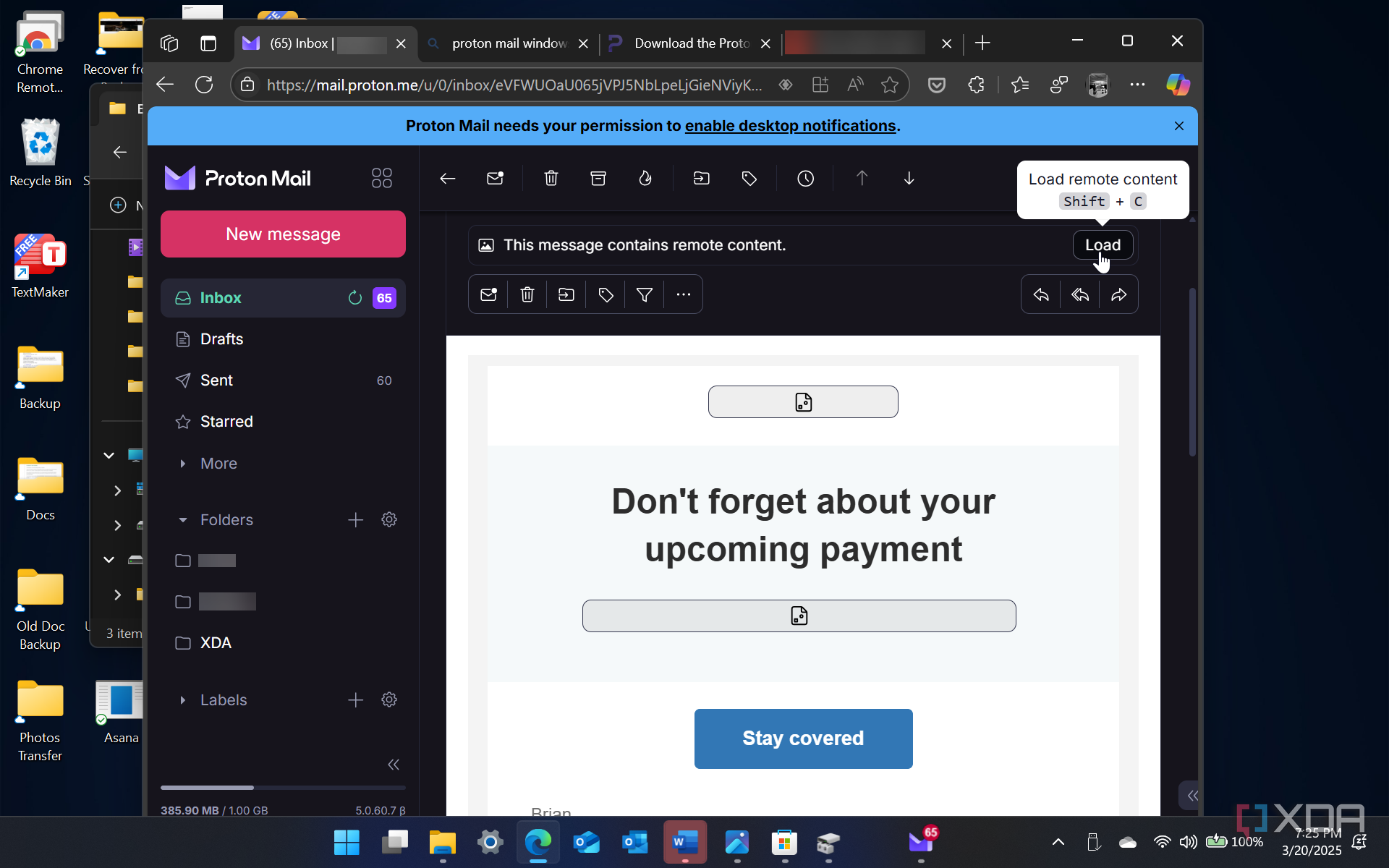 Load external images button in email message in Proton mail