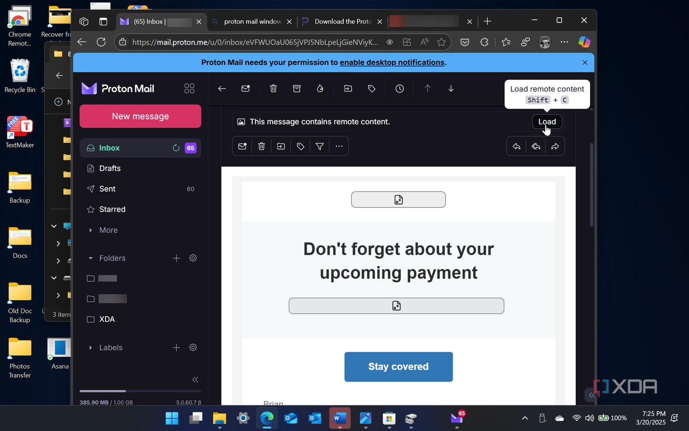 Load external images button in email message in Proton mail