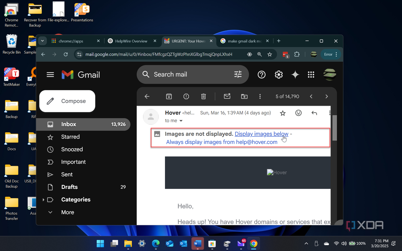 Shows displaying external images option in gmail