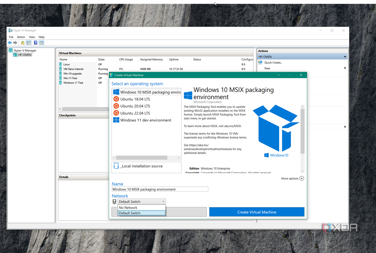 screenshots shows more options for quick create option in hyper-v